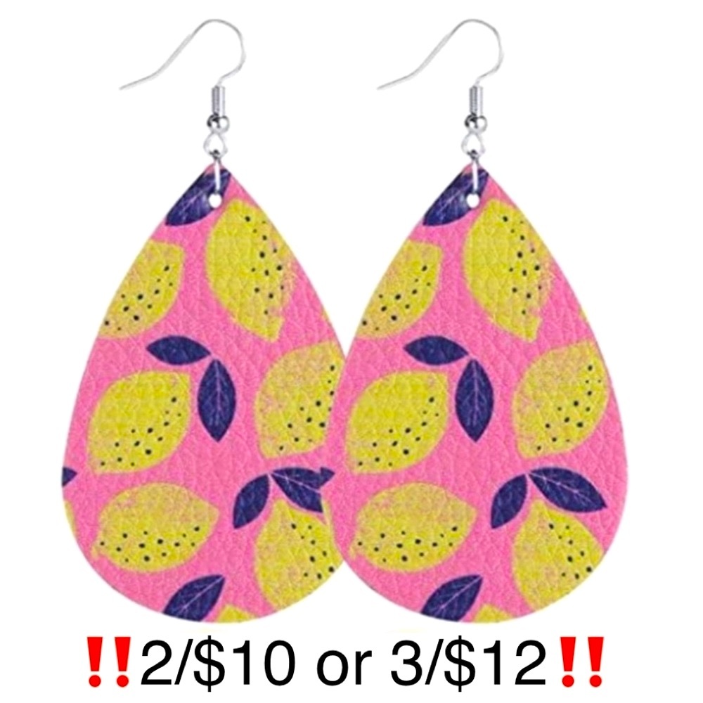 Pink & Yellow Lemon Pattern Teardrop Shaped Faux Leather Earrings
